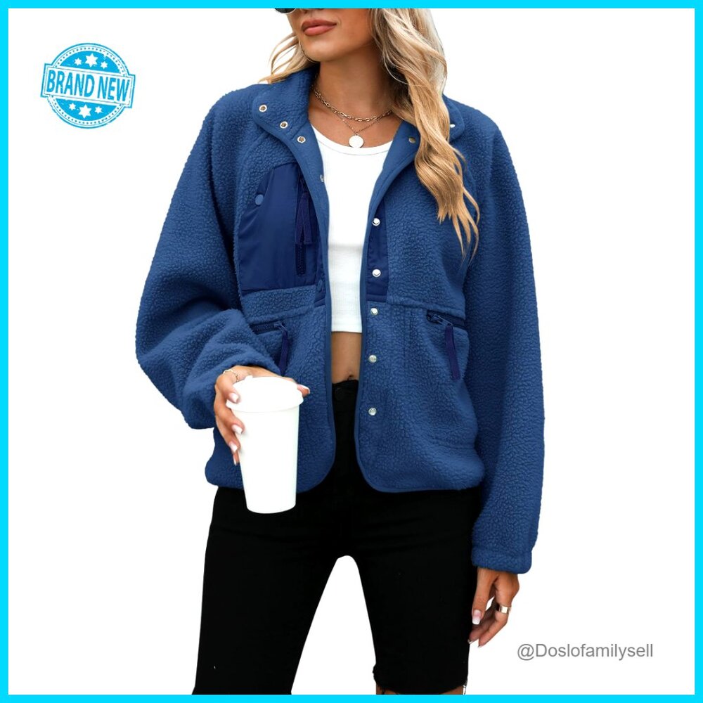 Fuzzy Sherpa Fleece Jacket Oversized Cropped Button Down Winter Outerwear - Picture 1 of 6